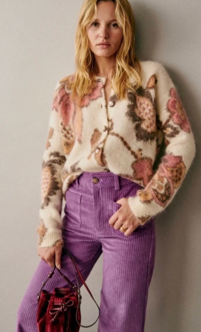 Sezane Manea Mohair Floral Merveille Cardigan Sweater Cream Brown Size Large